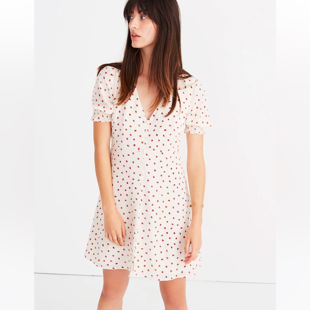 NWT Madewell Silk Clover Button-Front Dress in Fresh Strawberries